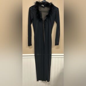 Glam Sexy Old Hollywood Sheer Black Floor Length Feather Dressing Gown Robe Sz S